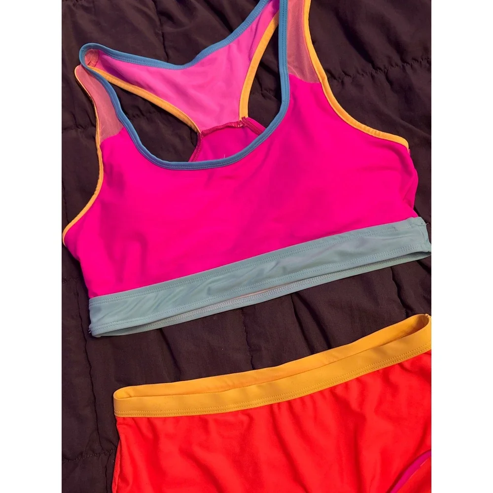 Women's Colorblock Racerback High Waist Bikini Swimsuit Pink Orange Size M